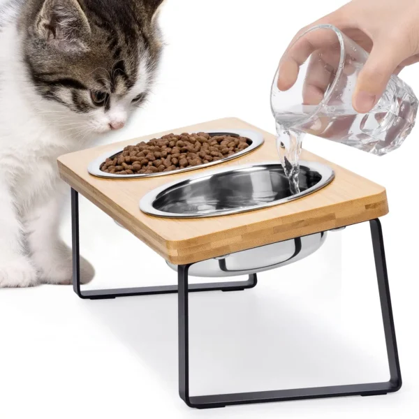Tilted Raised Cat Food Bowls with Wooden Stand